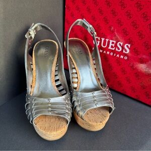*NEW* GUESS Silver Cork Slingback Wedge Heels. Women’s 8.5
